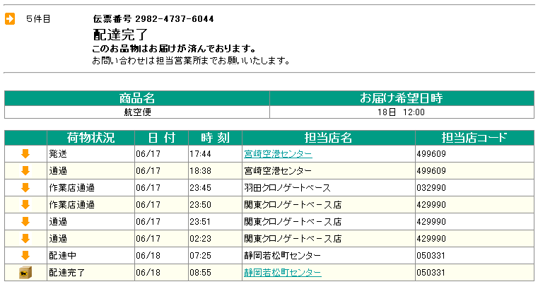 航空便「宮崎−静岡」の追跡データ