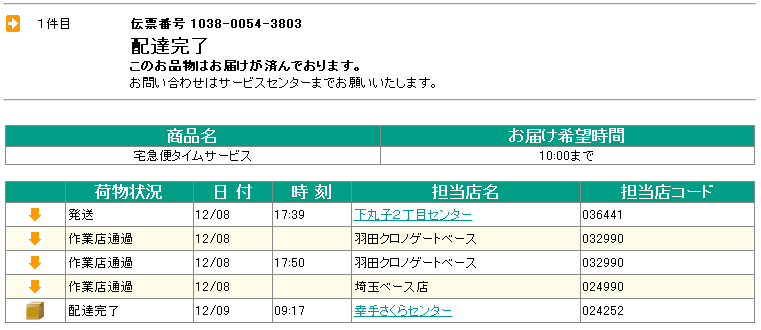 タイムサービス便「東京−埼玉」の追跡データ
